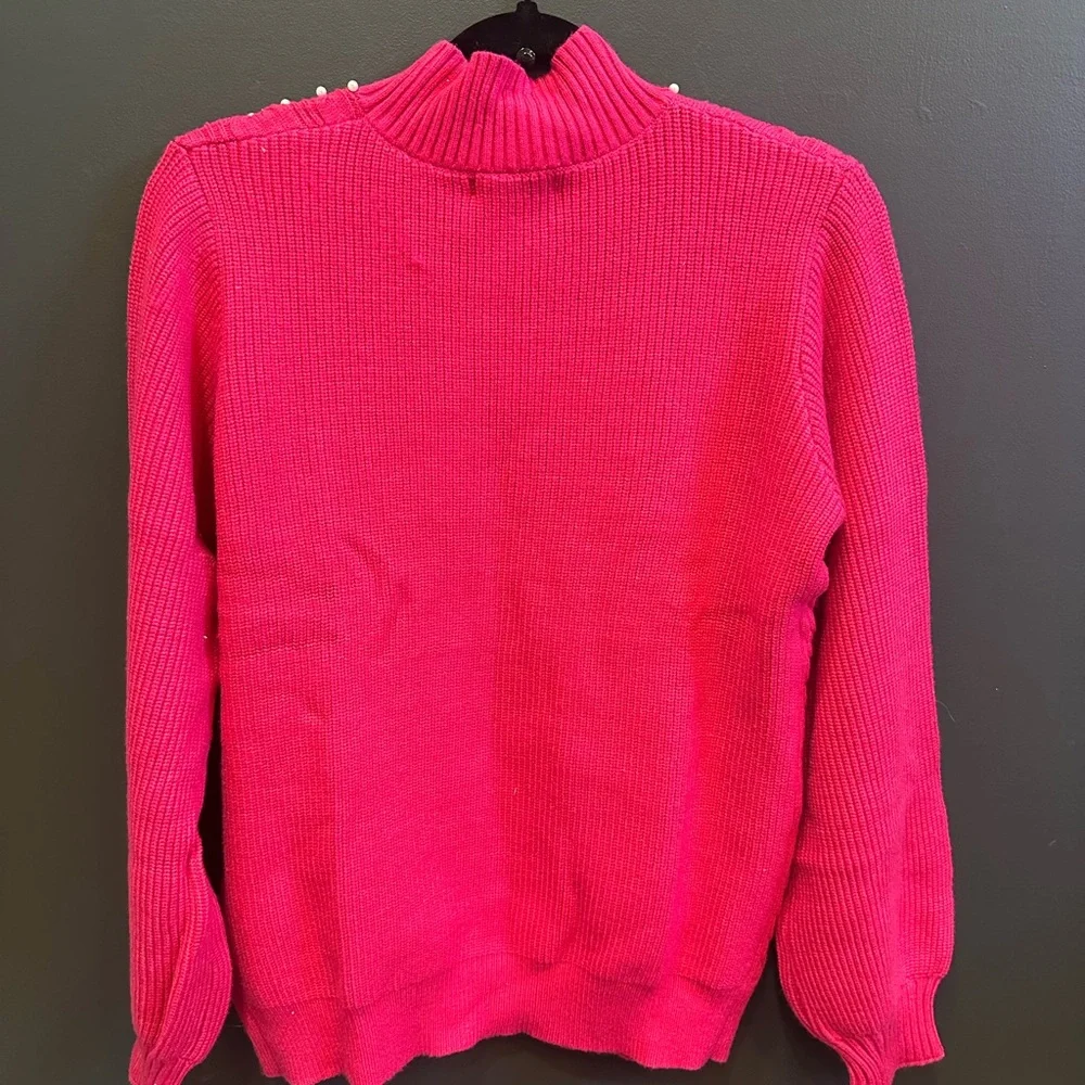 Hot Pink Mock Neck Sweater‎ with Pearl Accents | Medium | NWT - Picture 4 of 6